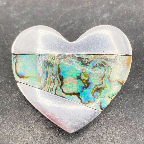 Vintage Jewelry - VINTAGE Thick silver tone metal heart brooch inlaid w/ genuine abalone shell pin